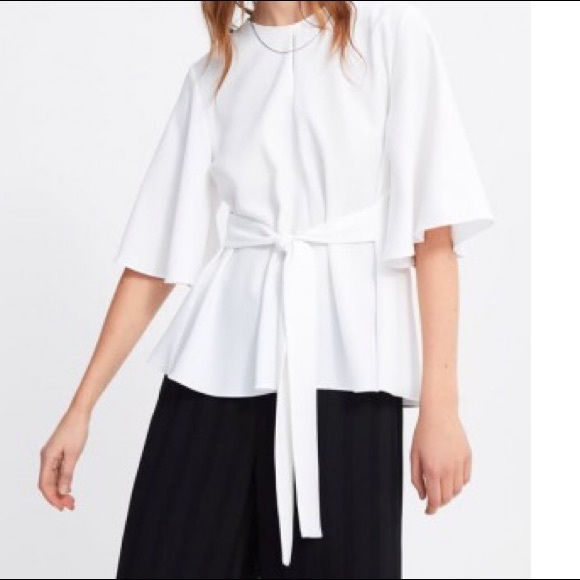 Zara White Keyhole Belted Flutter Sleeve Flowy Blouse with Bow 4043/061 - Picture 4 of 6